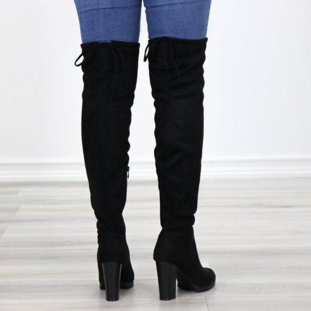 Tie Back Over Knee Heeled Sleek Boots Suede Black - Picture 5 of 15